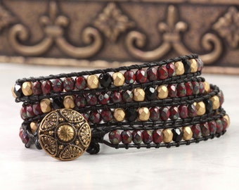 Garnet Red Black and Gold Bracelet, Skinny Leather Jewelry, Bohemian Style