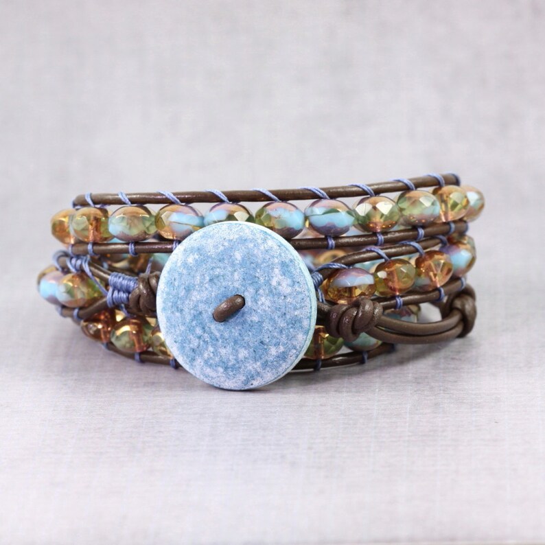 Dusty Blue Wrap Bracelet With Brown Leather Copper Triple Etsy