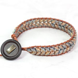 Slate Blue Wrap Bracelet, Caramel Brown Leather, Herringbone Style image 3