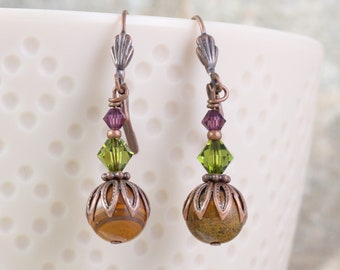 Olive and Amethyst Crystal Earrings with Tiger Iron