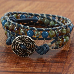 Sage Wrap Bracelet with Navy Leather, 3rd Anniversary Gift image 6