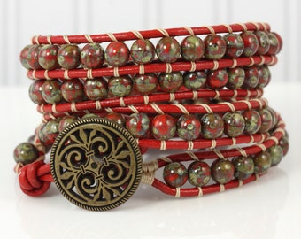Taupe and Brick Red Bracelet, Four Wrap Stacking