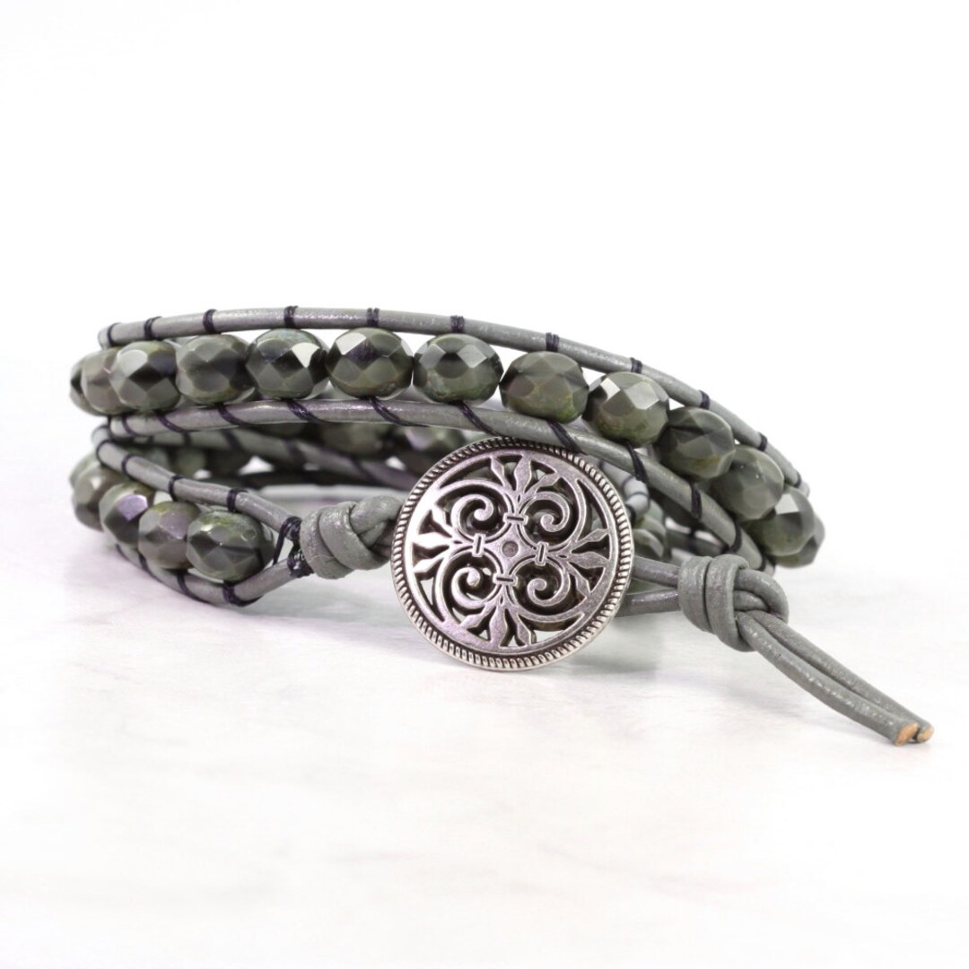 Army Green Bracelet With Gray Leather Cord Double Wrap Etsy