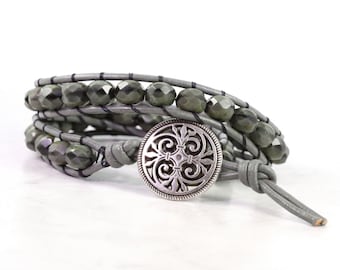 Army Green Bracelet with Gray Leather Cord, Double Wrap Jewelry for Winter