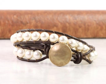 Cream Pearl Wrap Bracelet, Brown Leather Ivory Jewelry, Double Wrap