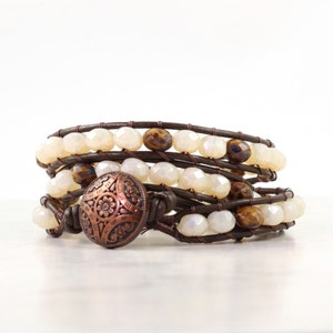Cream and Brown Wrap Bracelet, Chocolate Colored Leather Jewelry, Triple Wrap