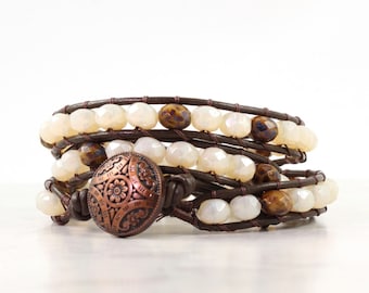 Cream and Brown Wrap Bracelet, Chocolate Colored Leather Jewelry, Triple Wrap