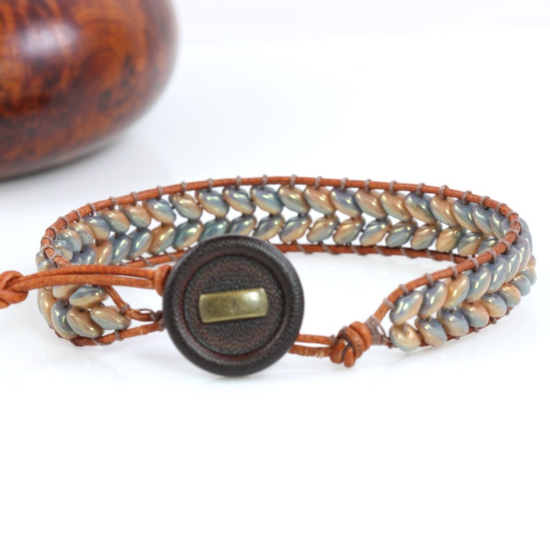 Slate Blue Wrap Bracelet, Caramel Brown Leather, Herringbone Style image 8