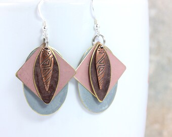 Bohemian Earrings with Pastel Patina, Dusty Silver and Copper Jewelry