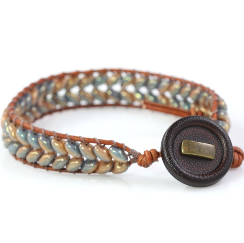 Slate Blue Wrap Bracelet, Caramel Brown Leather, Herringbone Style image 4