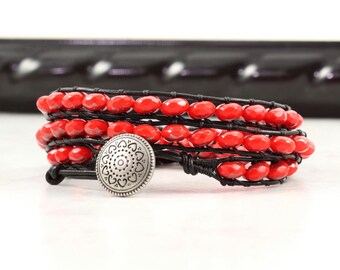 Red Heart Wrap Bracelet with Black Leather, Scarlet Bohemian Jewelry