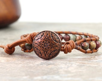 Multicolor Jasper Wrap Bracelet, Red Creek Jasper Jewelry, Earthy Colors