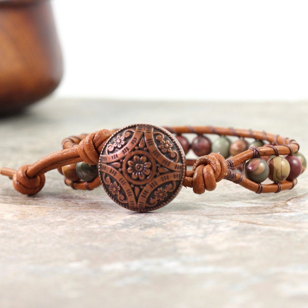 Multicolor Jasper Wrap Bracelet, Red Creek Jasper Jewelry, Earthy Colors