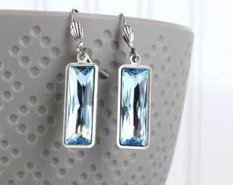 Aqua Crystal Rectangle Earrings, March Birthstone