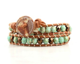 Seafoam Green Bracelet, Bronze and Mint Jewelry, One Size Fits Most