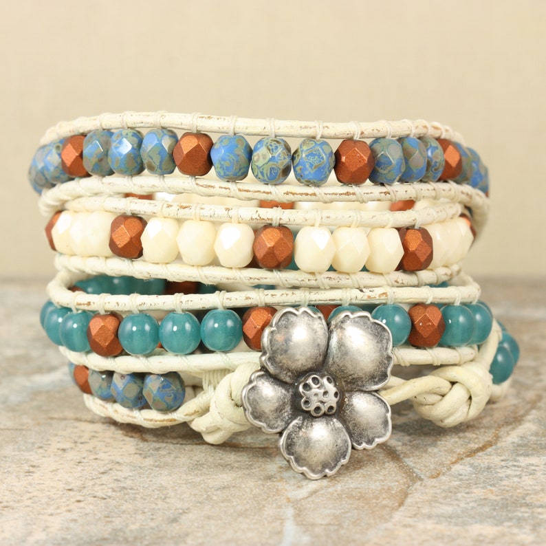 Teal and Copper Bracelet, Distressed Leather with Flower Clasp image 5