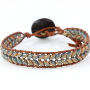 Slate Blue Wrap Bracelet, Caramel Brown Leather, Herringbone Style image 7