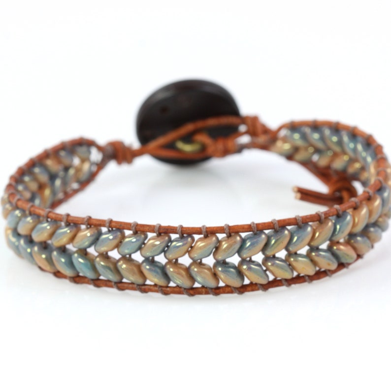 Slate Blue Wrap Bracelet, Caramel Brown Leather, Herringbone Style image 7