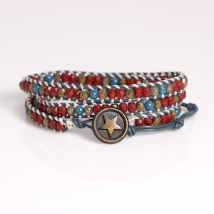 Red White Blue Wrap Bracelet, Patriotic Jewelry, Brass Star Clasp, 4th of July