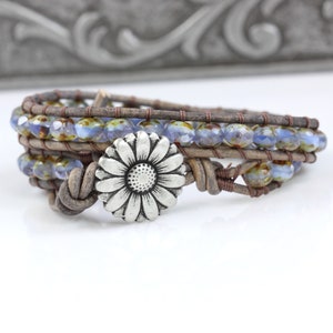 Lavender Daisy Bracelet, Gray Leather Jewelry, 3rd Anniversary Gift image 2