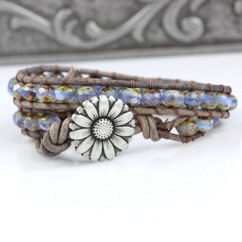 Lavender Daisy Bracelet, Gray Leather Jewelry, 3rd Anniversary Gift image 2