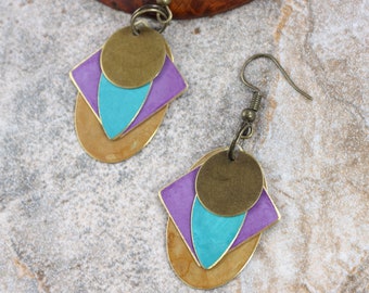 Mixed Metal Earrings in Purple and Teal, Southwest Jewelry, Multicolor Patina