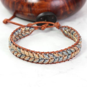 Slate Blue Wrap Bracelet, Caramel Brown Leather, Herringbone Style image 2