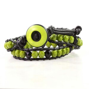Neon Green Bracelet, Black Leather Jewelry, Circle Toggle Button Clasp