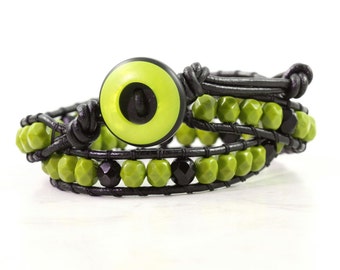 Neon Green Bracelet, Black Leather Jewelry, Circle Toggle Button Clasp