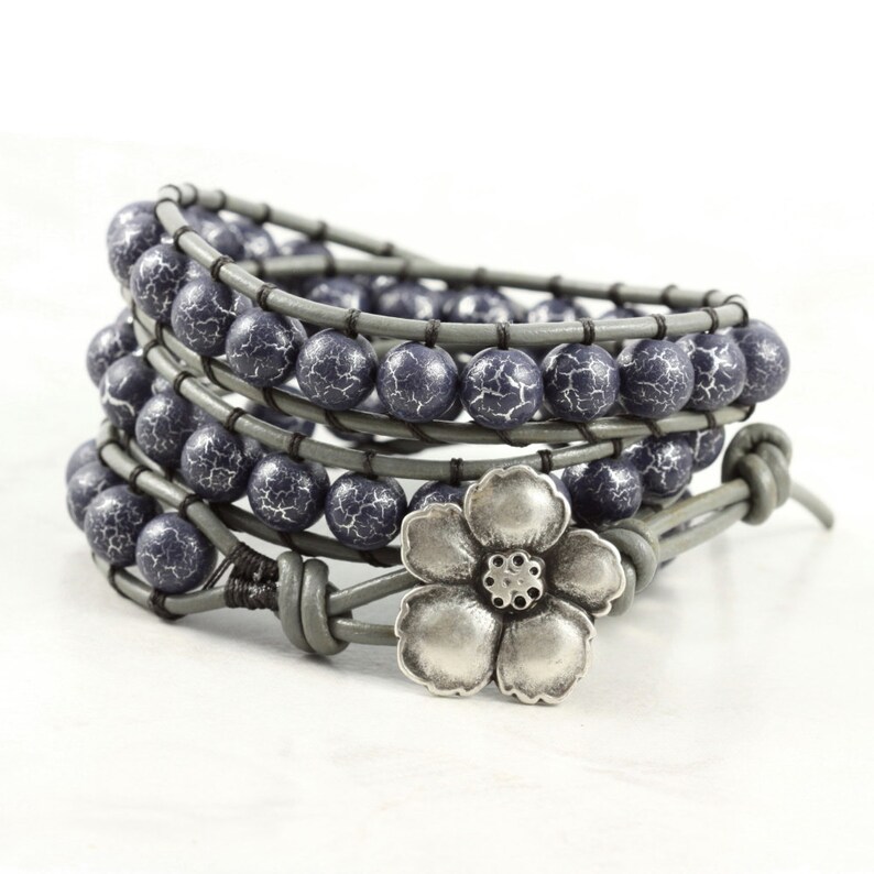 Magnolia Blossom Bracelet, Steel Gray Leather image 5