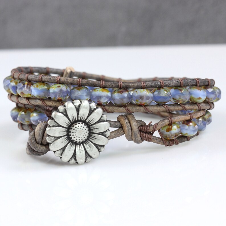 Lavender Daisy Bracelet, Gray Leather Jewelry, 3rd Anniversary Gift image 8