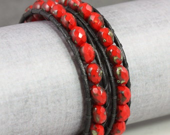 Scarlet and Black Leather Bracelet with Hearts Clasp