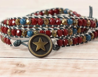 Red White Blue Wrap Bracelet, Patriotic Jewelry, Brass Star Clasp, 4th of July