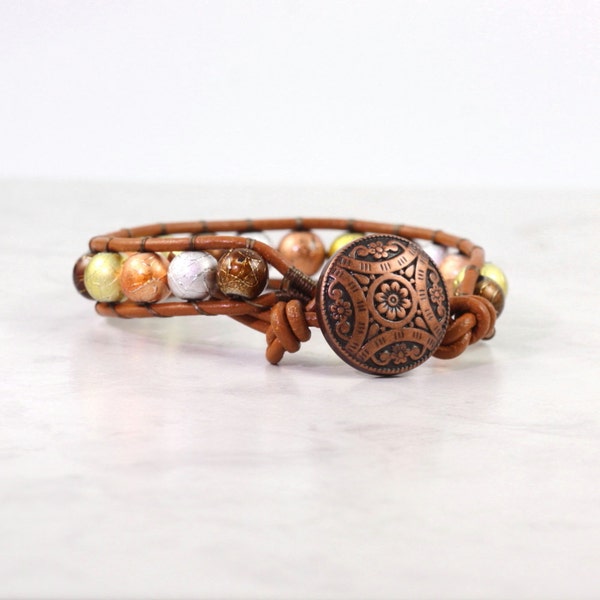 Western Bracelet Metallic Gold Silver Copper Bohemian Bracelet Metallic Wrap Leather Wrap Bracelet Caramel Boho Jewelry Leather Jewelry