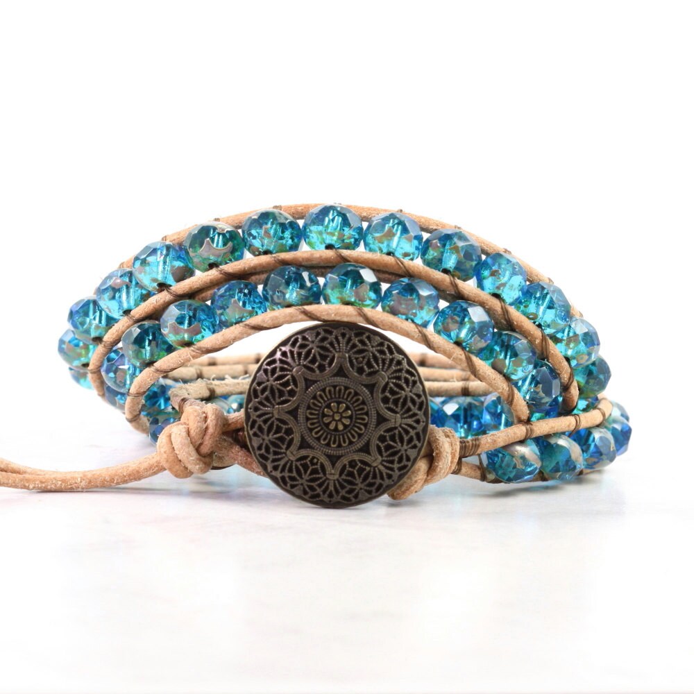 Teal Blue Leather Wrap Bracelet Tan Suede Rustic Hippie Etsy