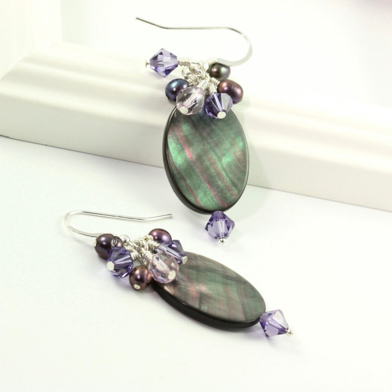 Purple Cluster Earrings Crystal Black Pearl Shell Violet Lavender Jewelry Sterling Silver Classic Style Mothers Day Jewelry