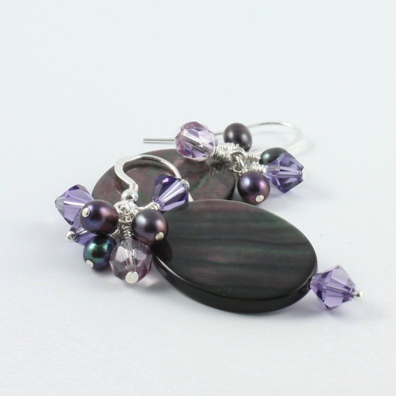 Purple Cluster Earrings Crystal Black Pearl Shell Violet Lavender Jewelry Sterling Silver Classic Style Mothers Day Jewelry
