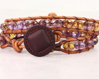 Amethyst Wrap Bracelet, Purple Hippie Jewelry, Natural Leather and Bead