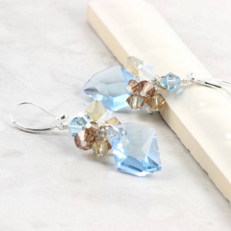 Surf and Sand Jewelry Aquamarine Crystal Aqua Cluster Earrings Wedding Jewelry Sterling Silver Lever Back