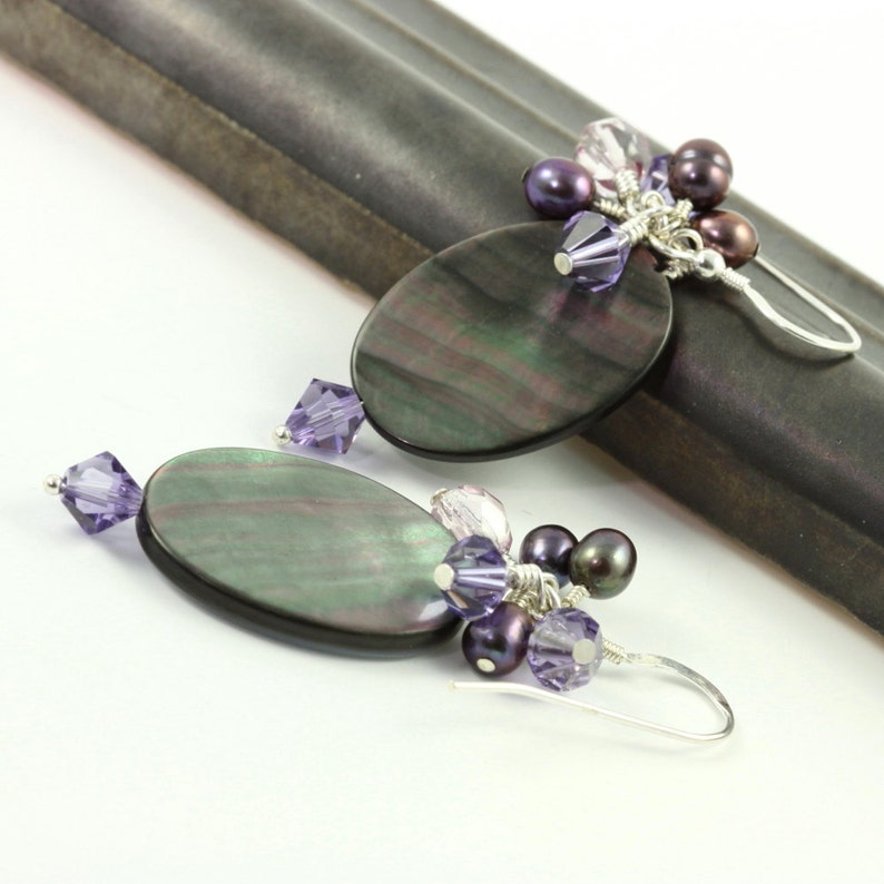 Purple Cluster Earrings Crystal Black Pearl Shell Violet Lavender Jewelry Sterling Silver Classic Style Mothers Day Jewelry