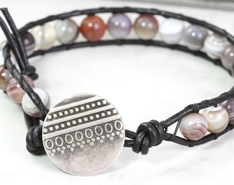 Botswana Agate Bracelet, Masculine Jewelry, Black Leather and Gemstone, Gift for Men