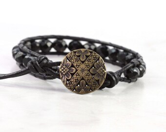 Black Leather Bracelet, Gold Floral Clasp, Art Deco Style, Adjustable