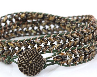 Herringbone Wrap Bracelet, Green Leather with Russet Brown and Black Beads