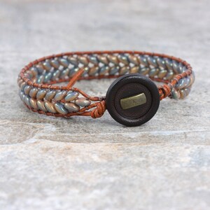 Slate Blue Wrap Bracelet, Caramel Brown Leather, Herringbone Style image 9