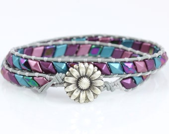 Metallic Purple Bracelet with Flower Clasp, Teal and Leather Jewelry