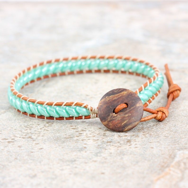 Wood and Leather Bracelet, Pale Green Stacking Jewelry image 7