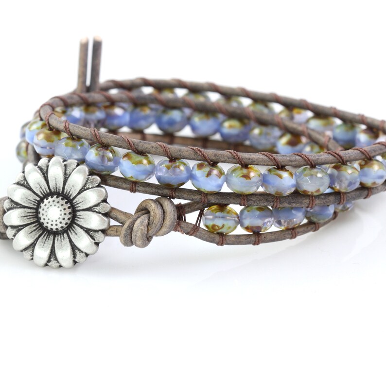 Lavender Daisy Bracelet, Gray Leather Jewelry, 3rd Anniversary Gift image 6