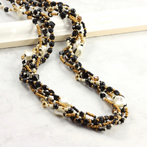 Gold Beaded Necklace Multi Strand Jewelry Jet Black Necklace | Etsy