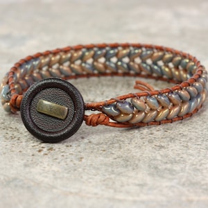 Slate Blue Wrap Bracelet, Caramel Brown Leather, Herringbone Style image 1