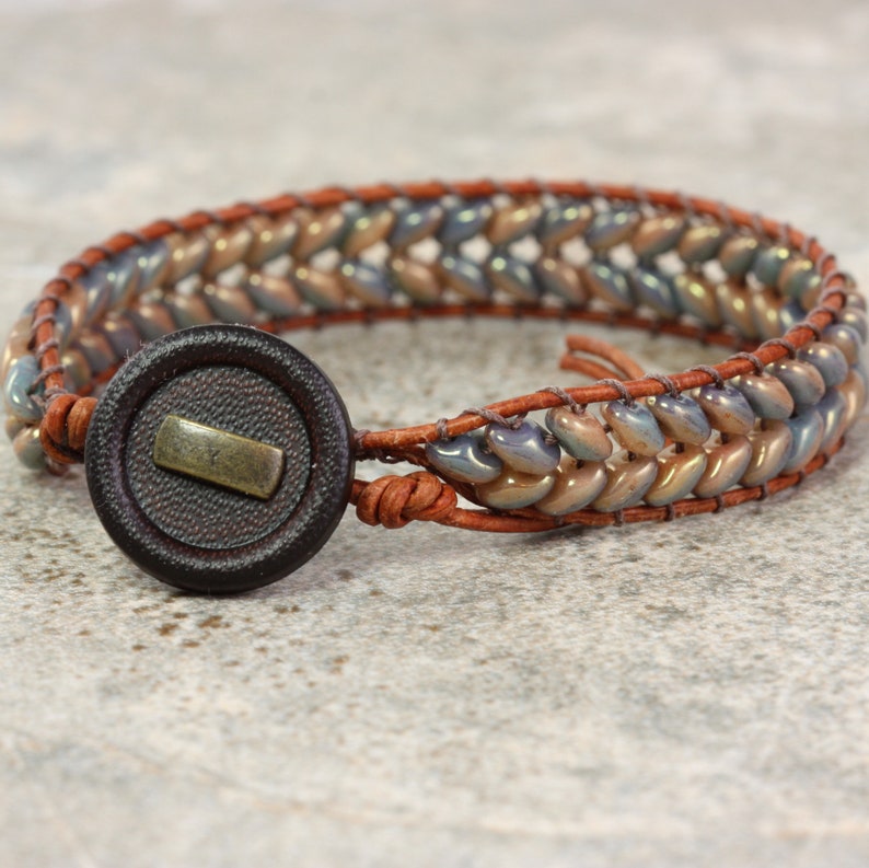 Slate Blue Wrap Bracelet, Caramel Brown Leather, Herringbone Style image 1